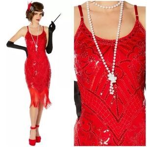 Spirit Halloween Adult Red Sequin Flapper Dress Small Fringe